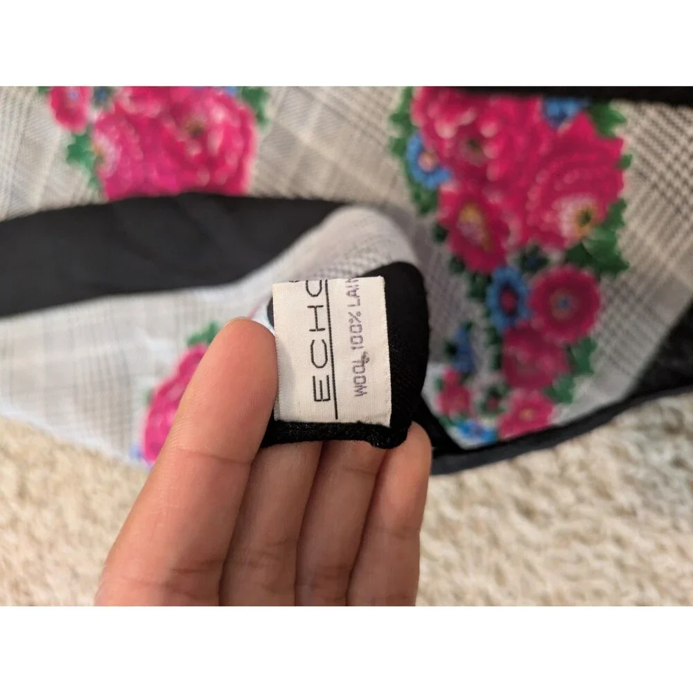 Echo Vintage 100% Wool Scarf Glen Plaid Floral Pink Black Made in Japan 39x39